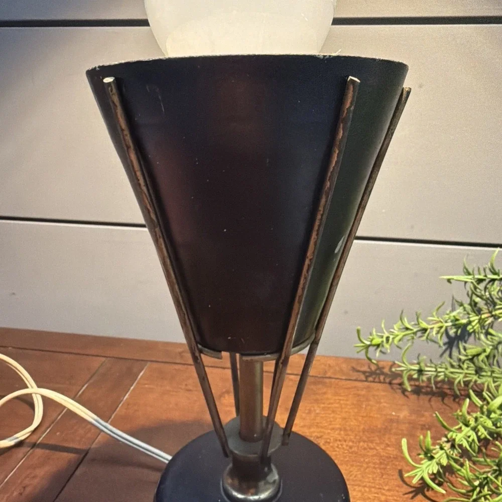 Vtg MCM Atomic Space Age Black Gold Metal Cone Uplight Small Table Light Lamp